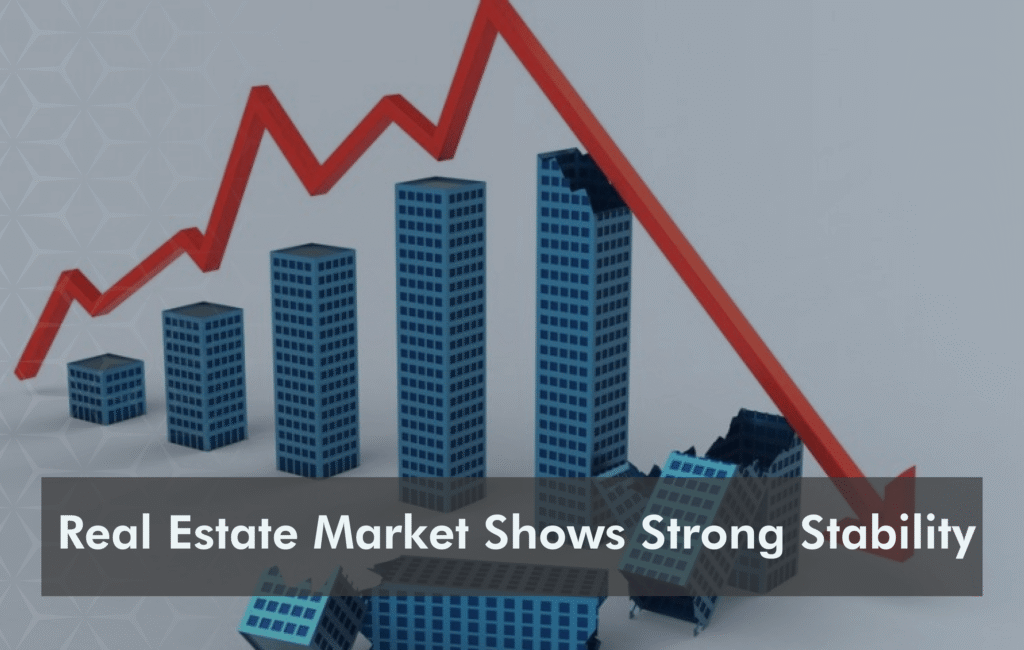 City skyline with residential and commercial buildings representing a stable real estate market.