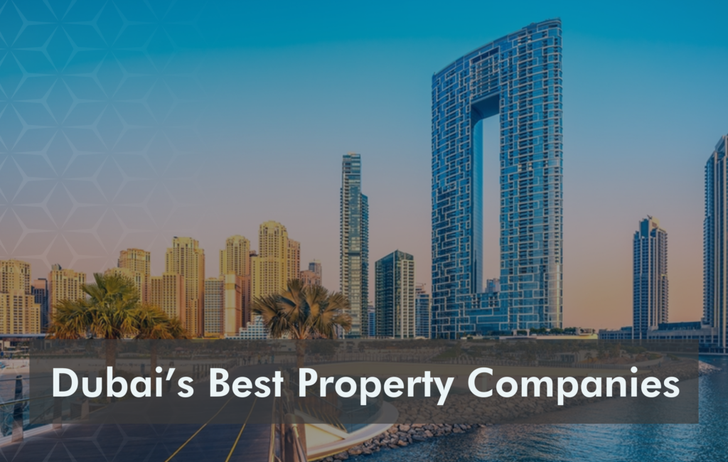 Skyline of Dubai with top real estate company logos and luxury properties